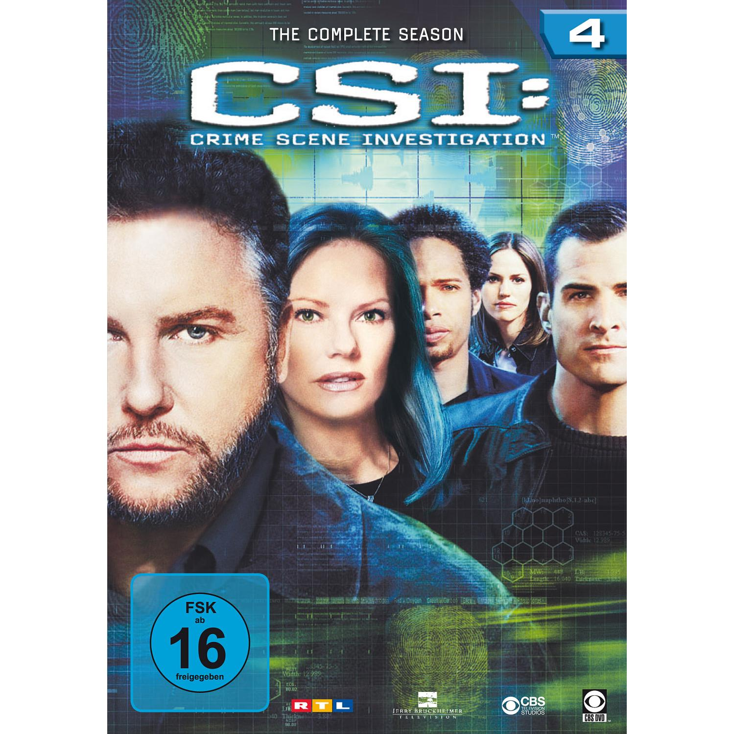 CSI DVD-Cover, Gesichter der Hauptfiguren und ein Tatort-Hintergrund.