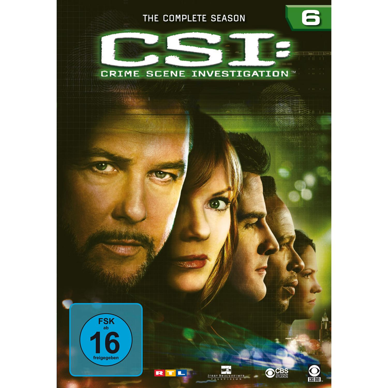 CSI: Crime Scene Investigation DVD-Cover. Gesichter der Darsteller in einer Reihe, mit Titel und Altersfreigabe.