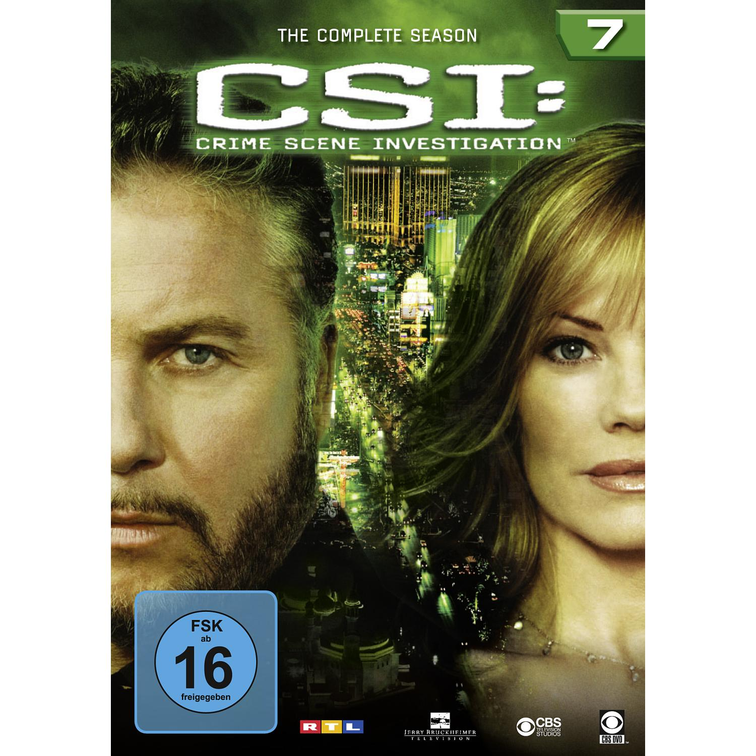 CSI: Crime Scene Investigation Staffel 7 DVD-Cover. Enthält zwei Schauspieler mit einem Stadt-Hintergrund.