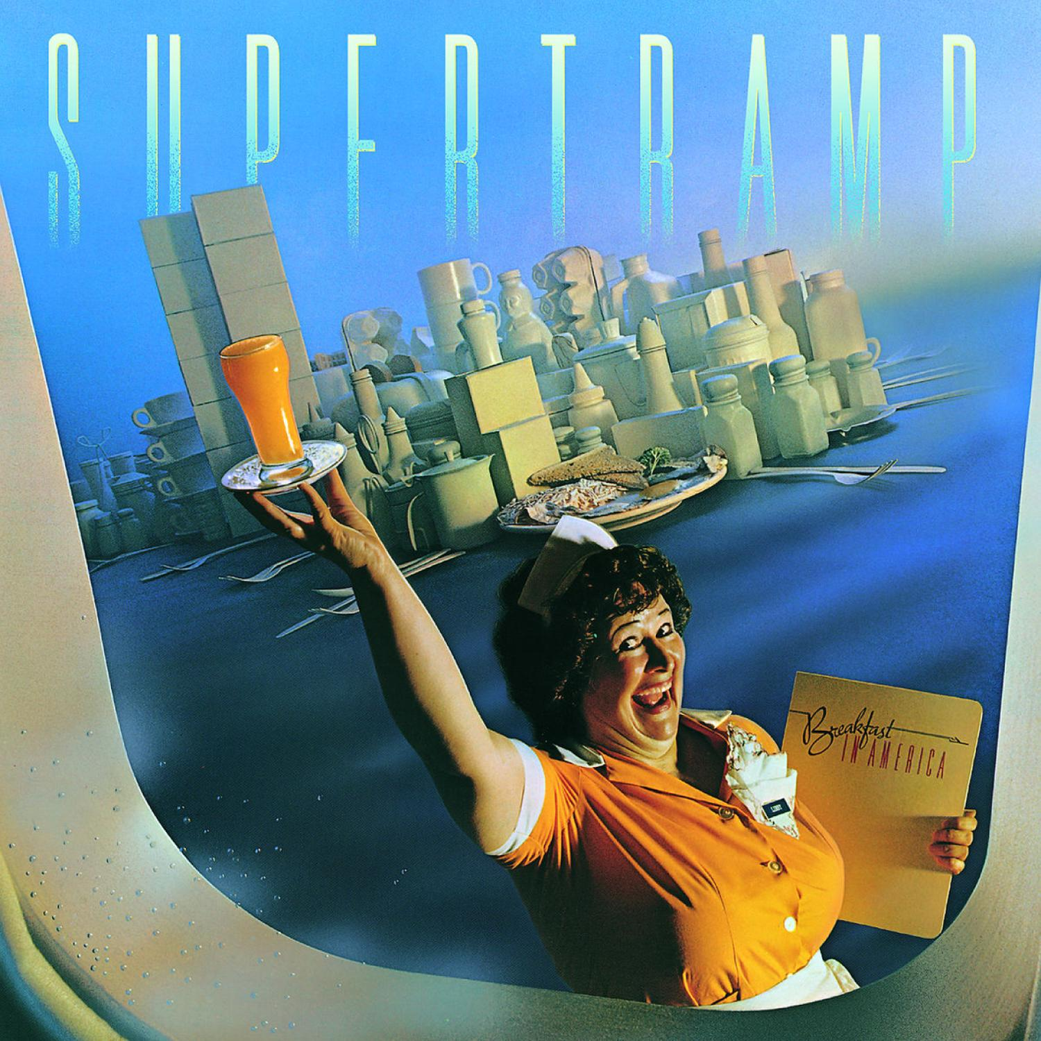 Pochette d'album avec une femme souriante tenant un plateau avec un verre et une assiette. Le ciel est l'arrière-plan.