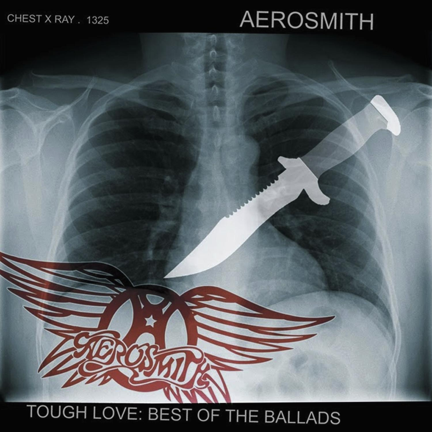 Aerosmiths 'Tough Love' Albumcover mit Röntgenbild, Messer und Logo.