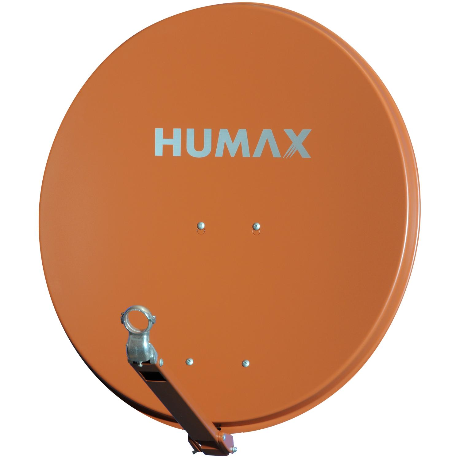 Eine orangefarbene Satellitenschüssel mit dem Wort 'HUMAX' in silbernen Buchstaben.