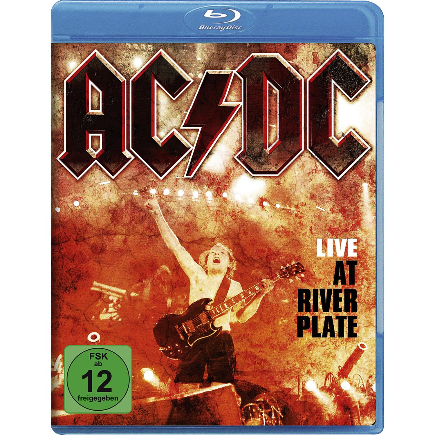 Blu-ray-Cover von AC/DC Live at River Plate, mit einem Gitarristen auf der Bühne.