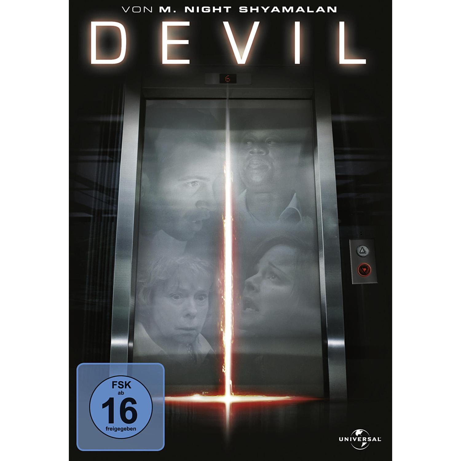 DVD-Cover: Gesichter in einem gläsernen Aufzug, der Filmtitel "Devil".