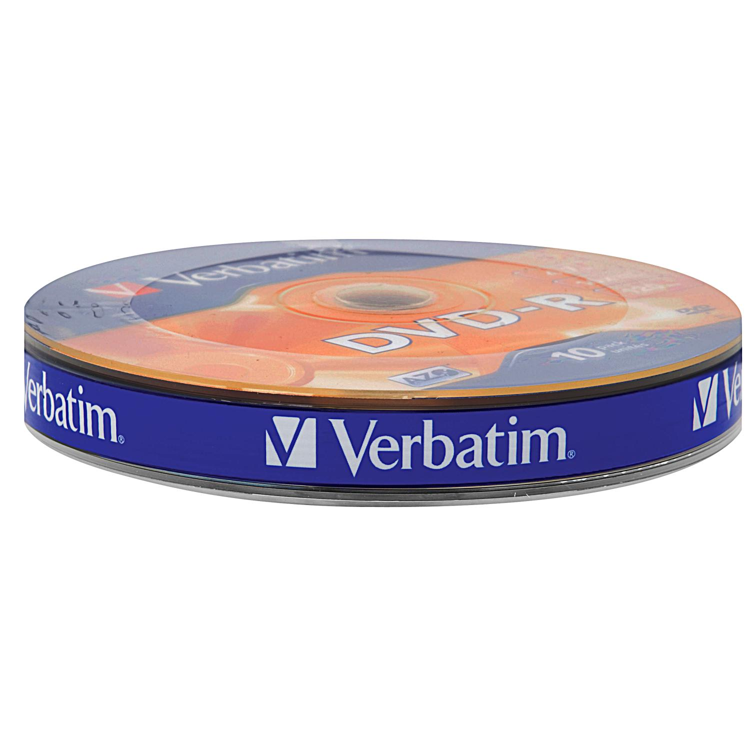 Eine DVD-R-Disc mit blauem und orangefarbenem Etikett, mit 'Verbatim' bedruckt.