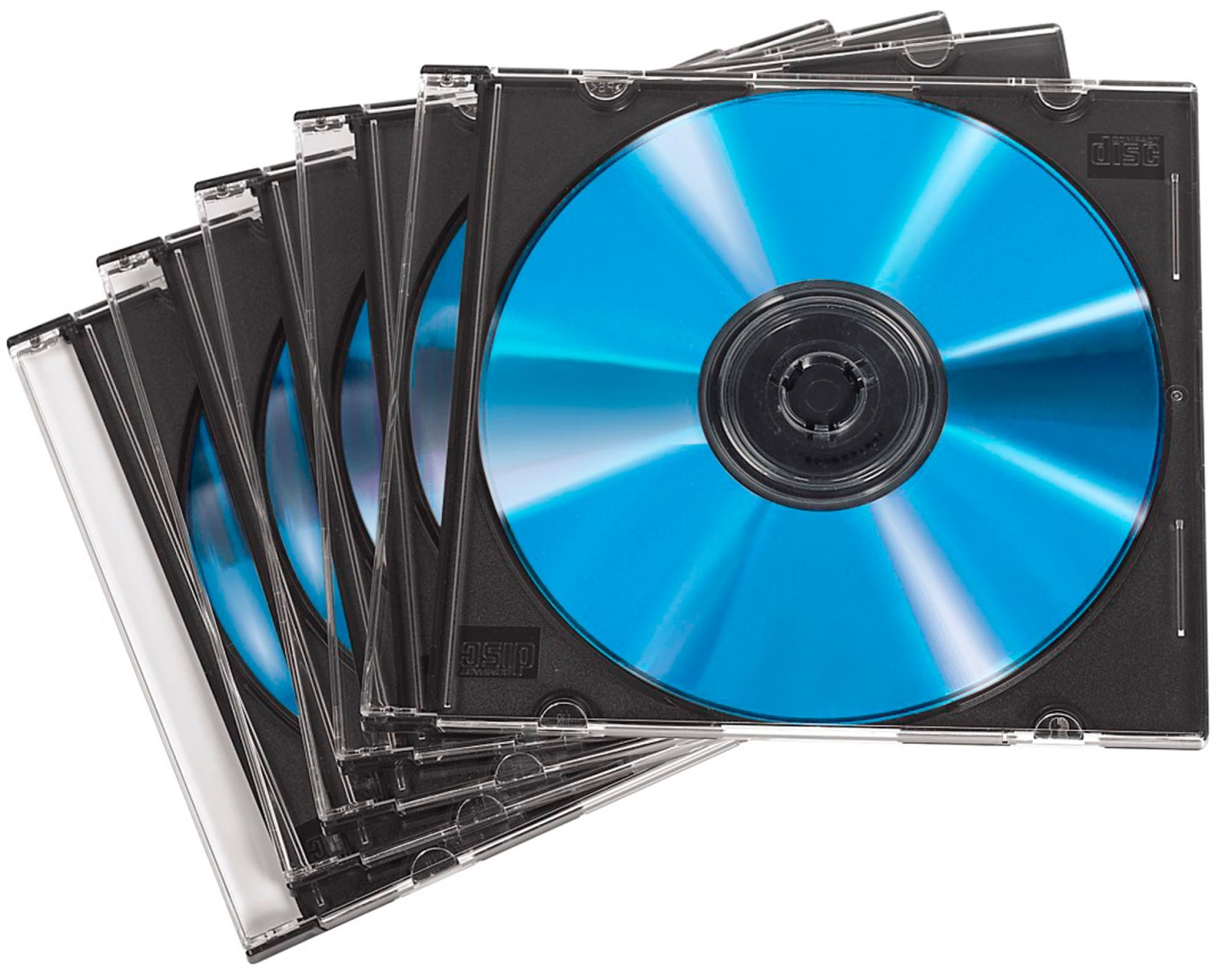 Eine Gruppe blauer CDs in schwarzen Hüllen wird gezeigt.