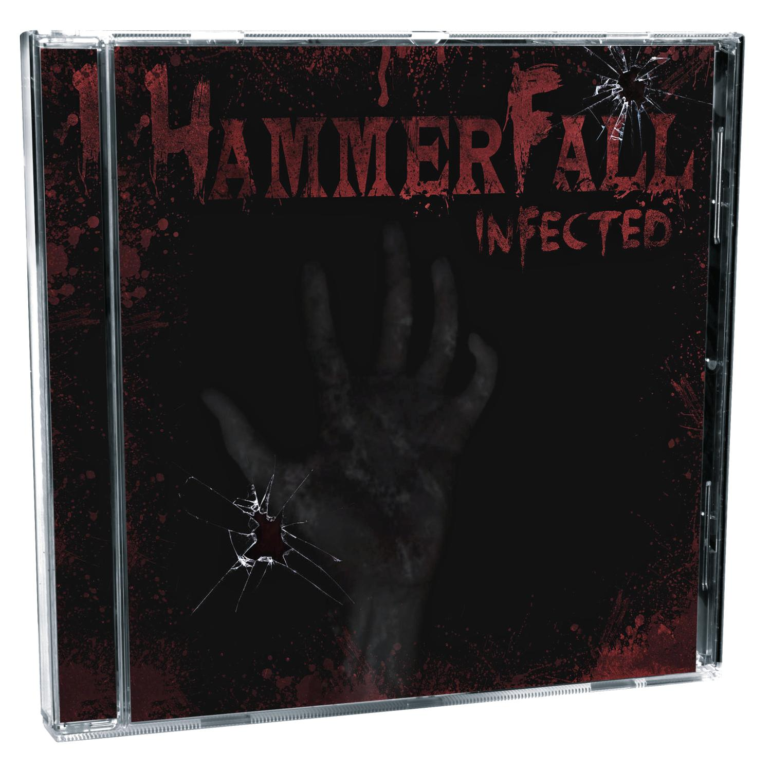 Albumcover mit Hand und Titel. Zeigt eine Hand, die greift, zerbrochenes Glas und den Text 'Hammerfall Infected'.