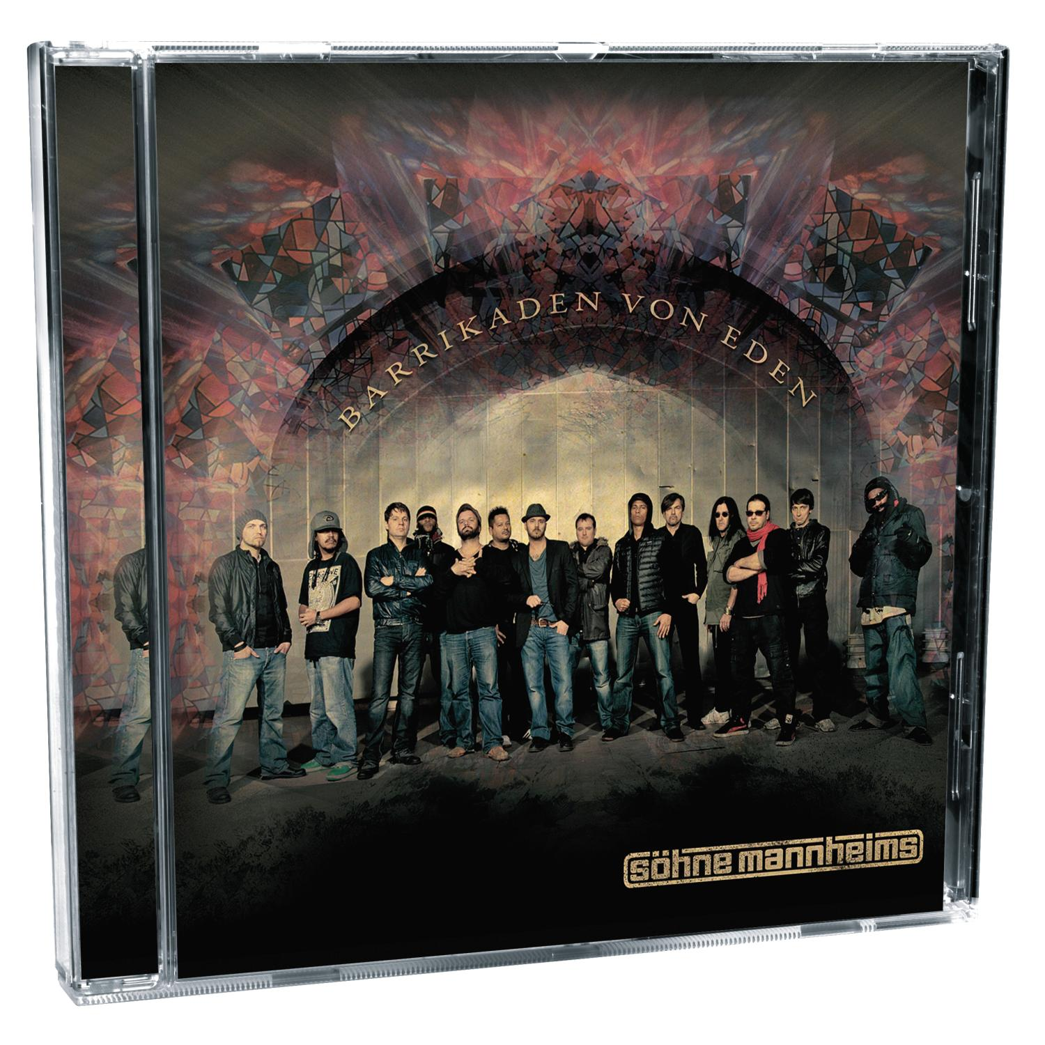 Albumcover von Barrikaden von Eden mit Bandmitgliedern vor einem Buntglasdesign.