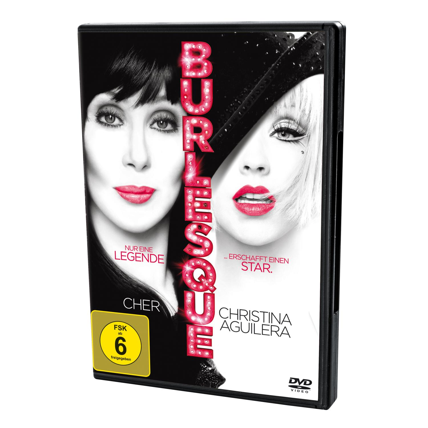 DVD-Cover: Cher und Christina Aguilera, mit Text: Burlesque und Bewertung.