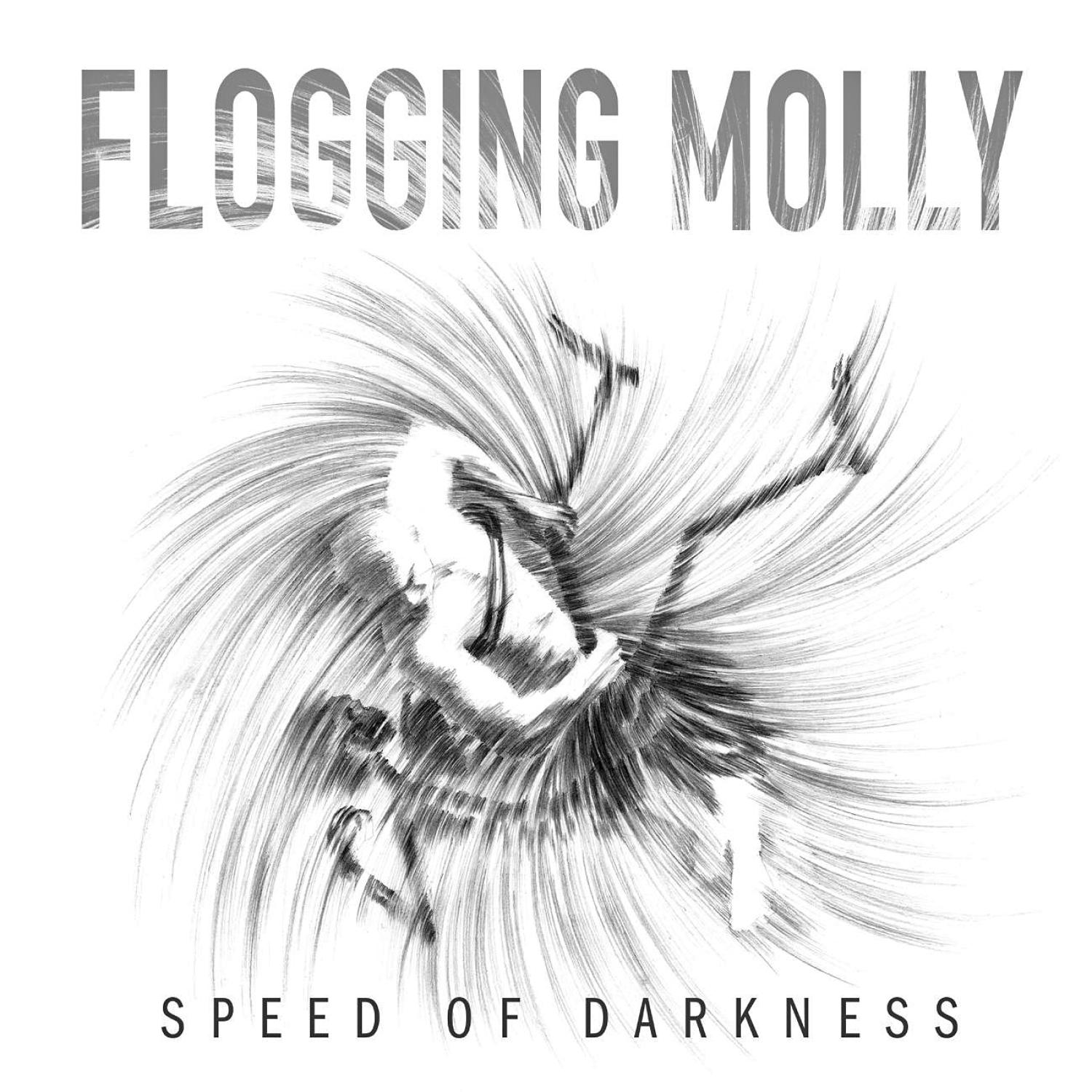 Albumcover: 'FLOGGING MOLLY' über einer wirbelnden Figur. Unten steht 'SPEED OF DARKNESS'.