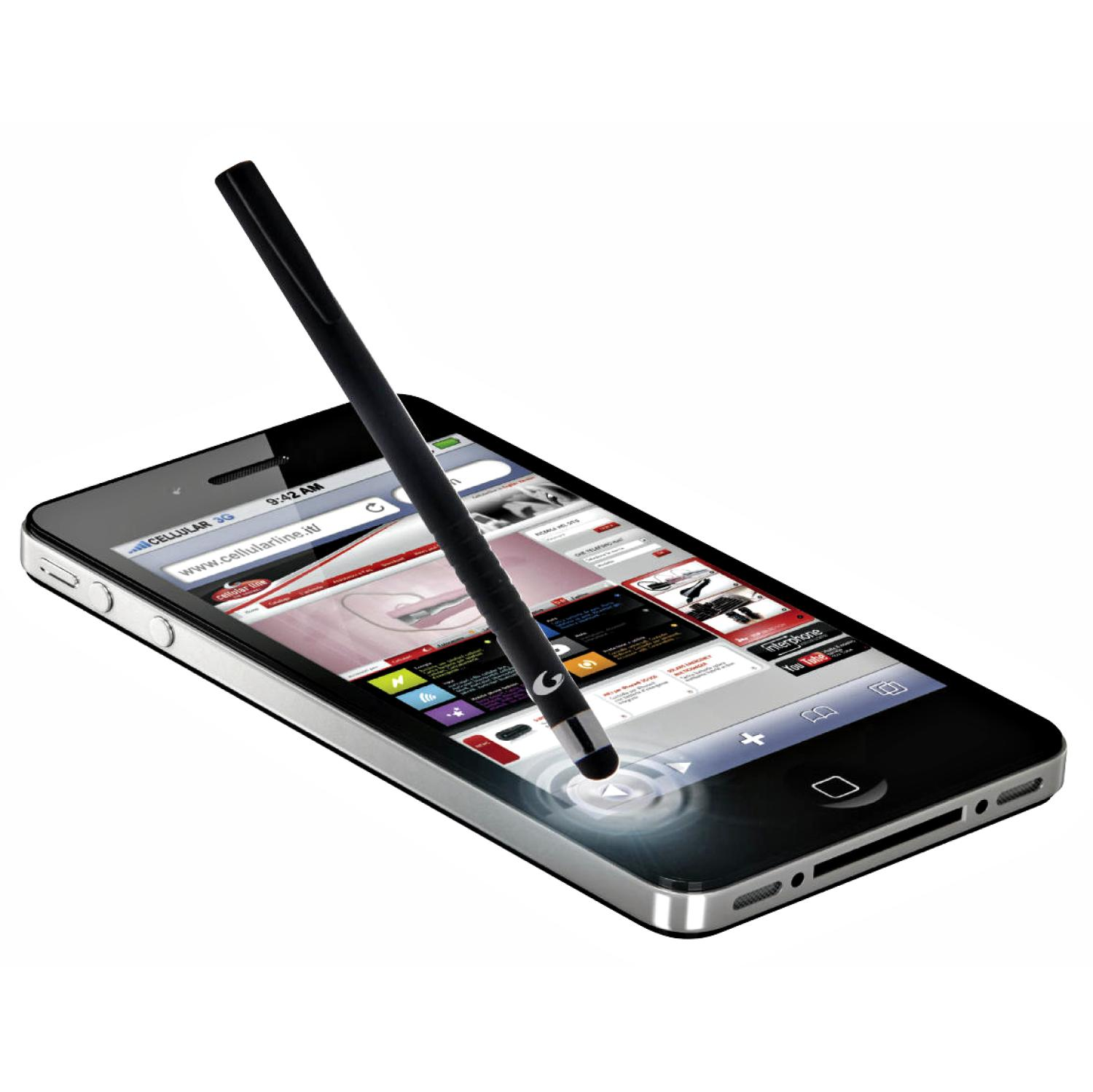 iPhone met een styluspen. Telefoonscherm toont een website. De achtergrond is wit.