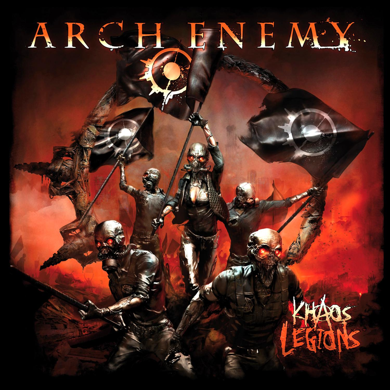 Albumcover von Arch Enemy, einer Metal-Band, mit fünf Figuren, die Fahnen halten.