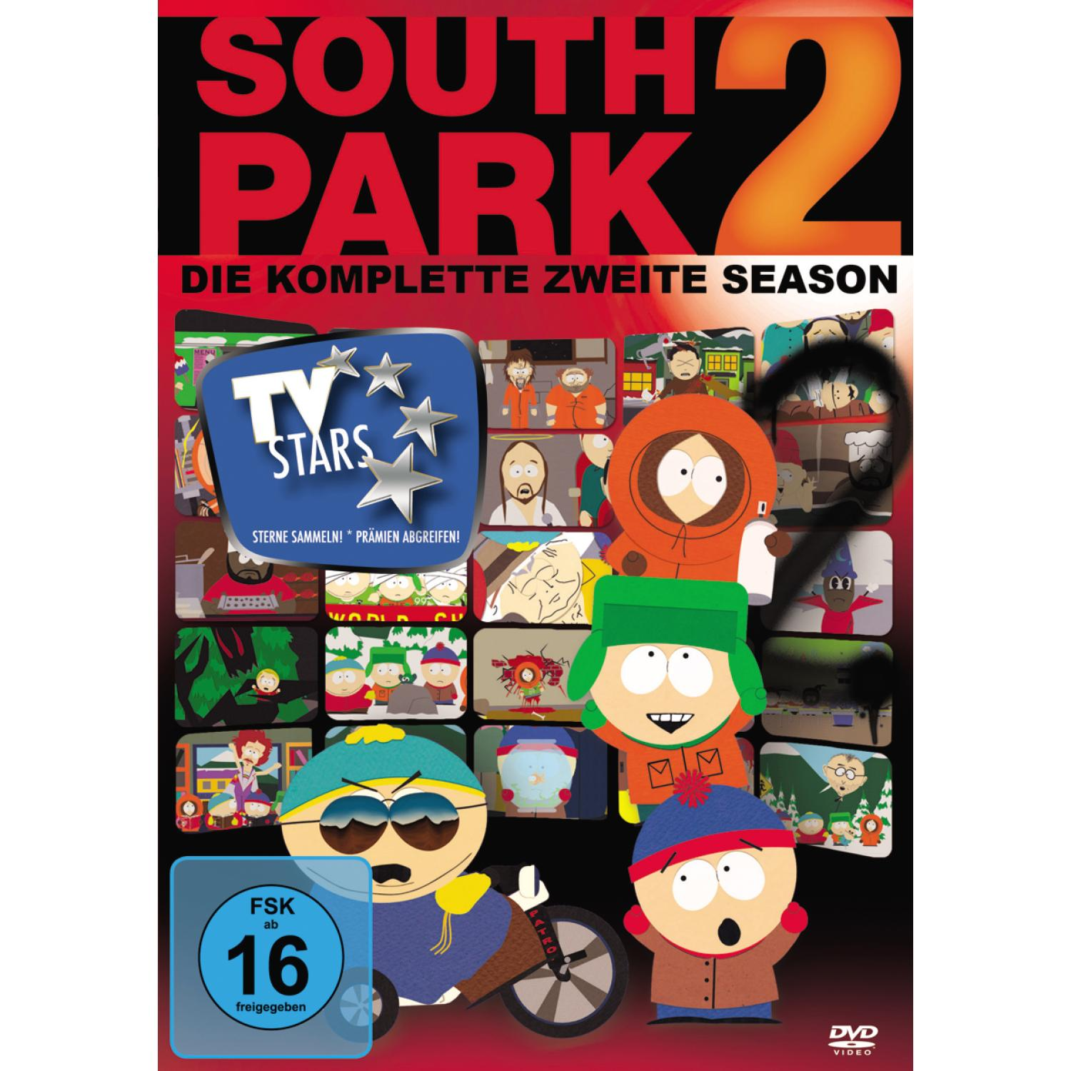 DVD-Cover für 'South Park 2', mit Zeichentrickfiguren und dem Logo von TV Stars.