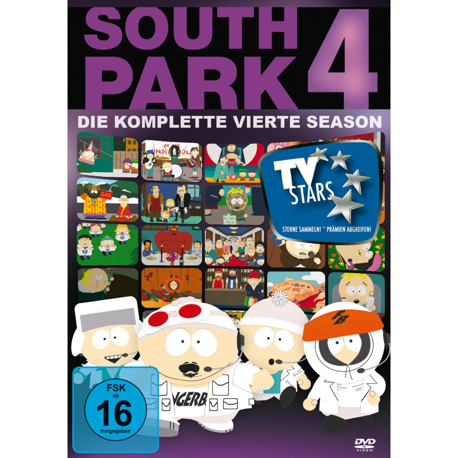 South Park 4 DVD-Cover. Cartoons von Charakteren. Text: South Park 4, Die komplette vierte season.