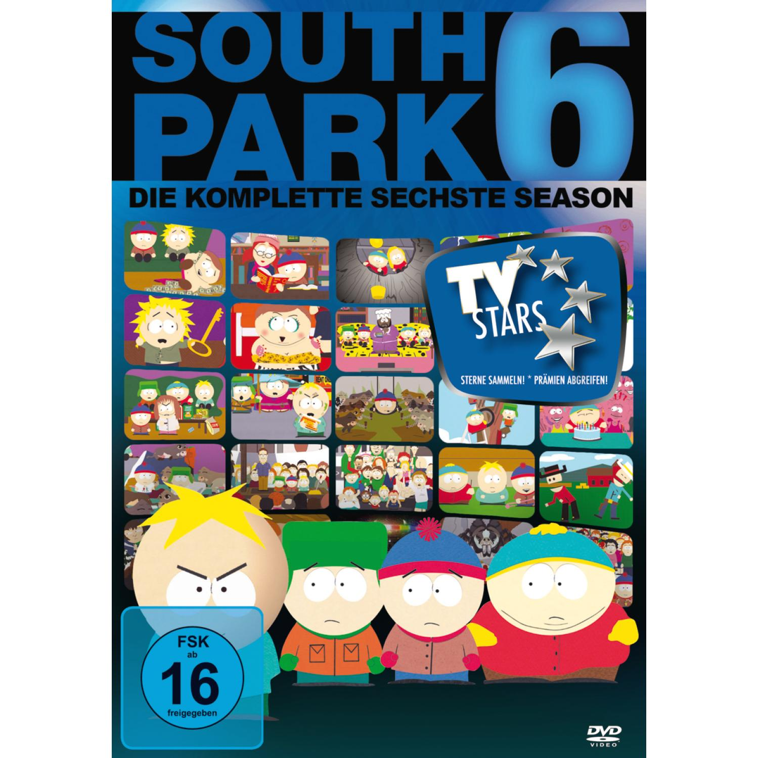 South Park Staffel 6 DVD-Cover mit Zeichentrickfiguren und dem Titel.
