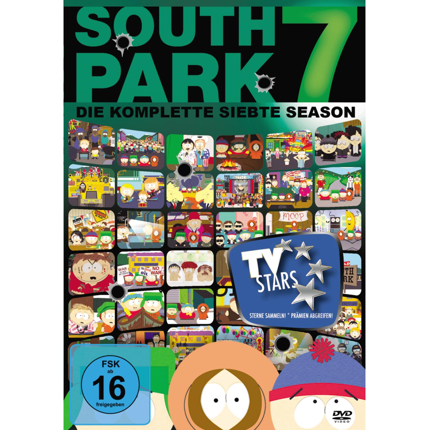 South Park DVD-Cover mit Zeichentrickfiguren und 'Season 7' Text, Bewertung 16.