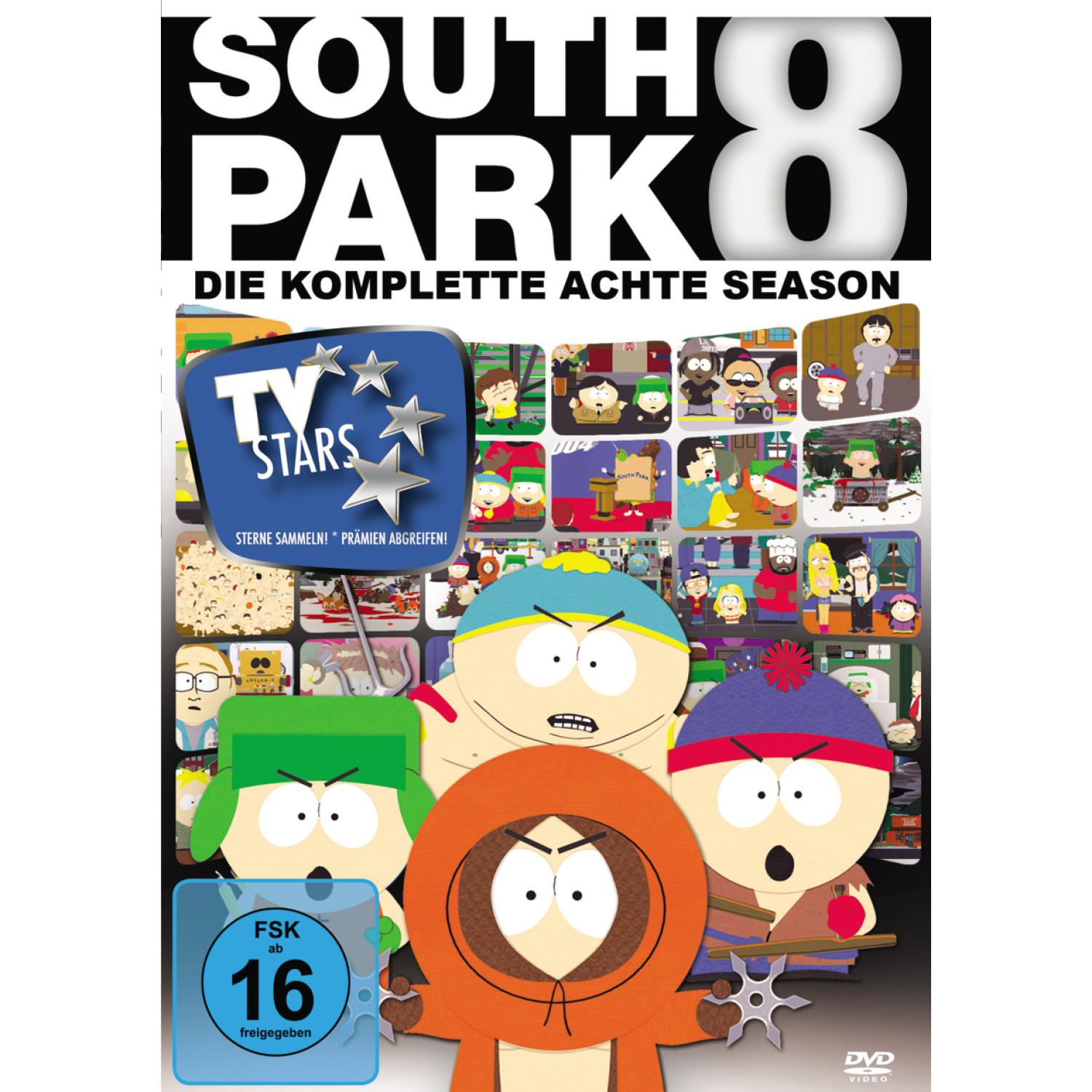 South Park DVD-Cover mit Charakteren und 'Season 8' Text, TV-Stars-Logo, Bewertung 16.