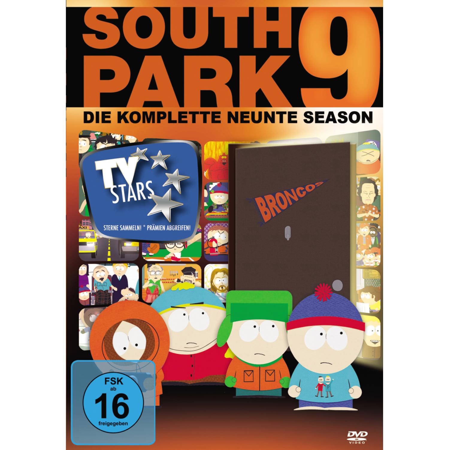 DVD-Cover von South Park Staffel 9, mit den Hauptfiguren im Cartoon-Stil.
