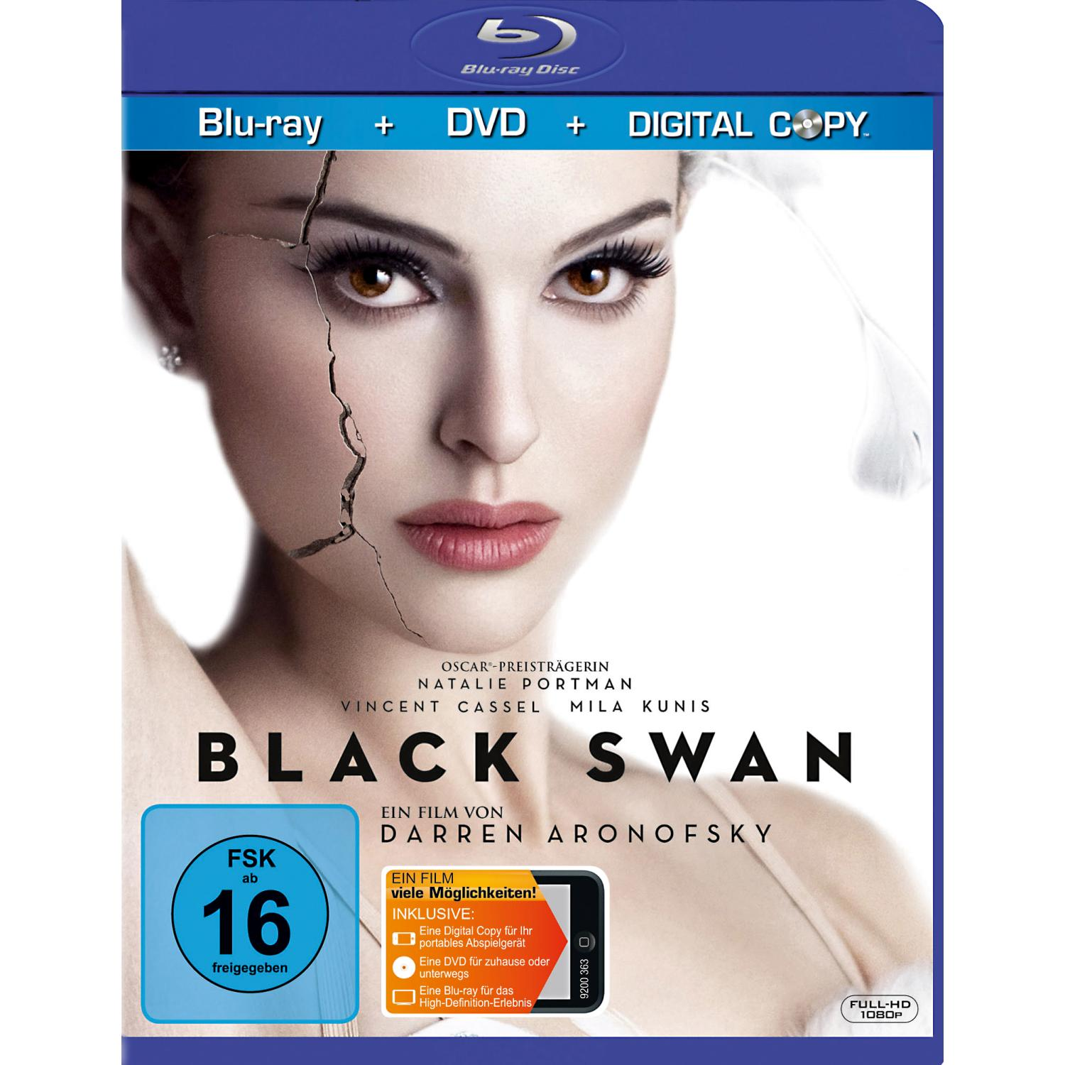 DVD-Cover: 'Black Swan', Natalie Portman. Dramatische Pose, blaues und schwarzes Design, FSK 16.