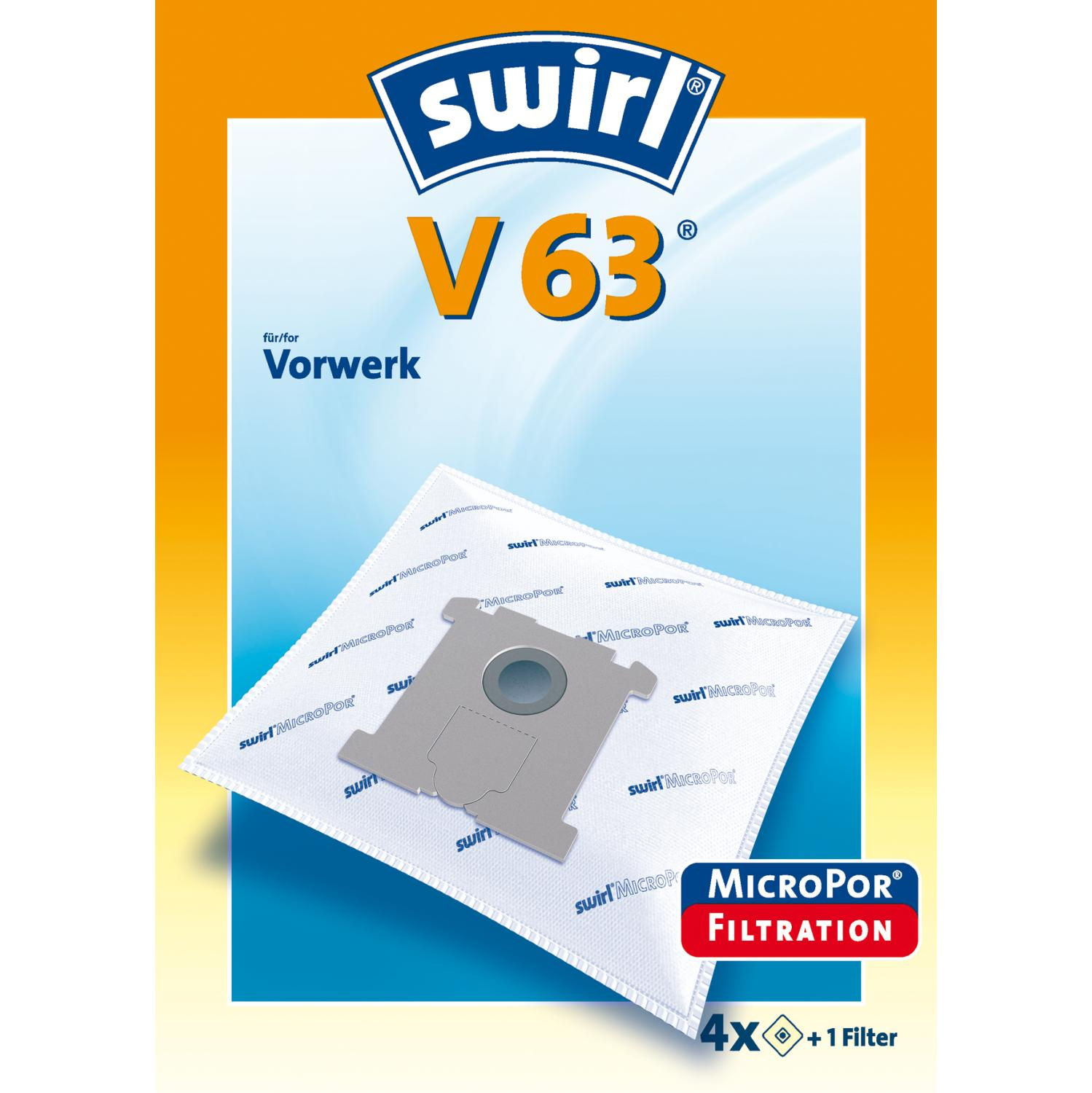 Staubsaugerbeutel, weiß mit blau, und ein blau-oranges Logo.