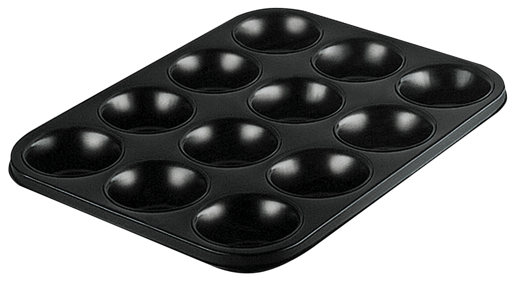 Schwarzes Muffinblech mit 12 runden Formen, auf weißem Hintergrund.
