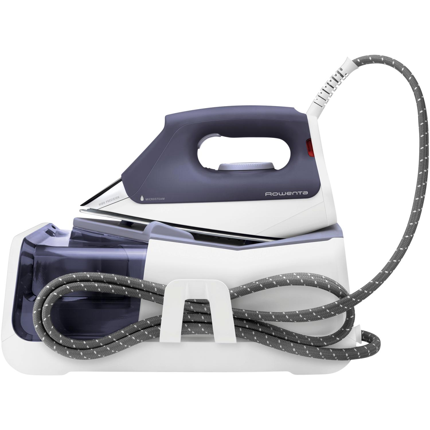 Plancha de vapor Rowenta sobre una base con cable gris.