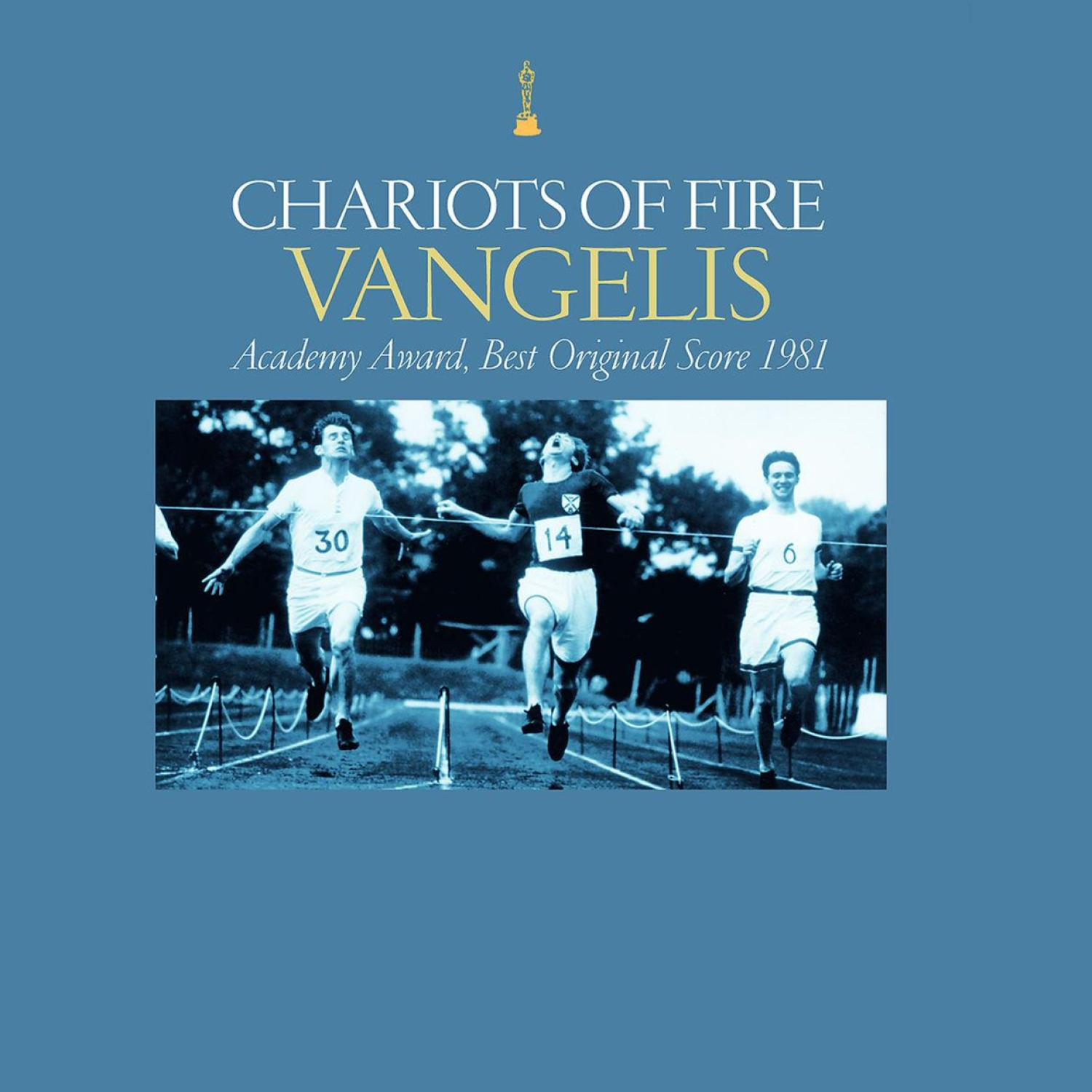 Albumhoes: Chariots of Fire. Hardlopers in een race, blauwe achtergrond, het Academy Award-logo.