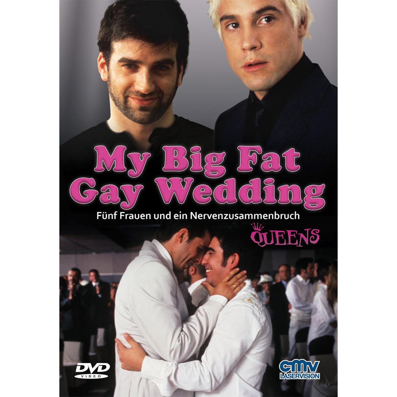 Filmposter: Zwei Männer in Anzügen, eine Hochzeitsszene. Der Titel lautet "My Big Fat Gay Wedding".