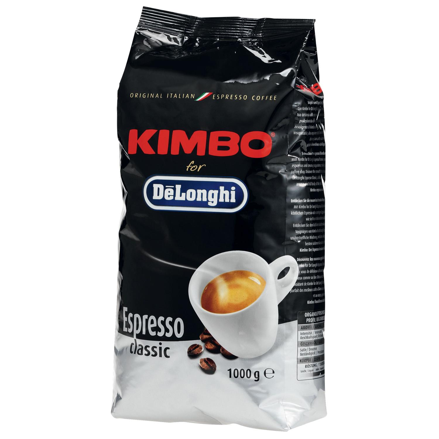 Torebka kawy Kimbo Espresso Classic: czarno-biała z filiżanką kawy i ziarnami.
