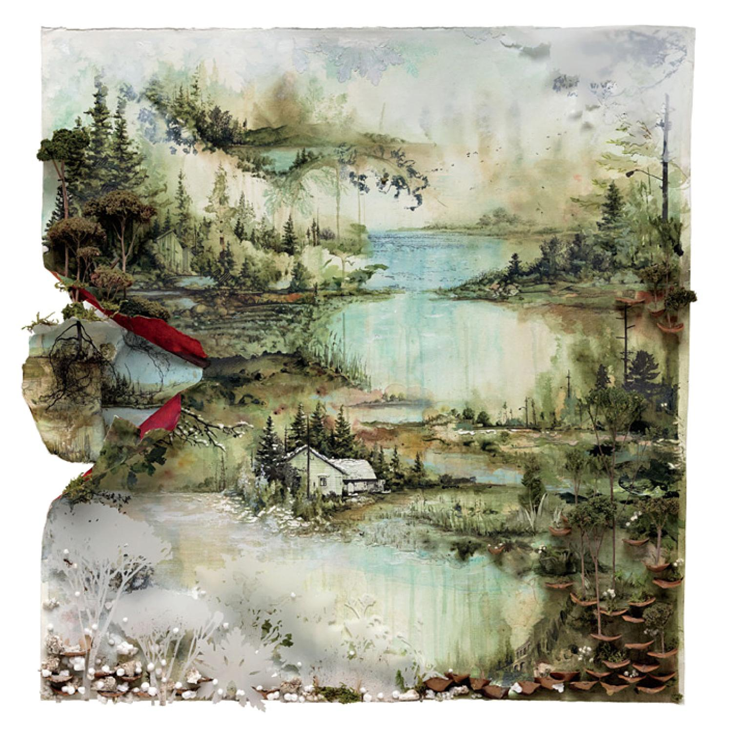 Peinture de paysage d'un lac et d'une scène de forêt avec une petite cabane. Elle a un style abstrait.