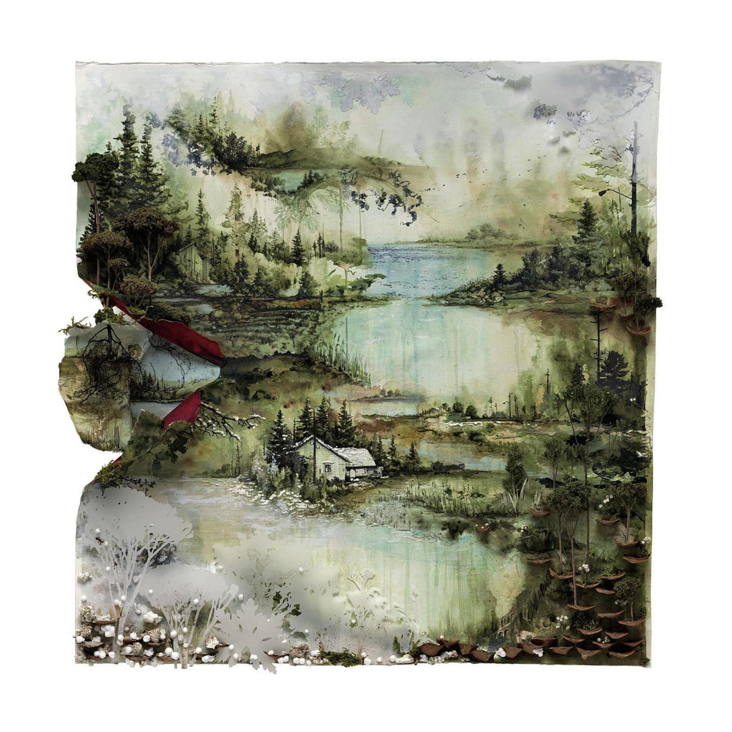 Pochette d'album d'un paysage avec un lac et des arbres dans un style pictural.