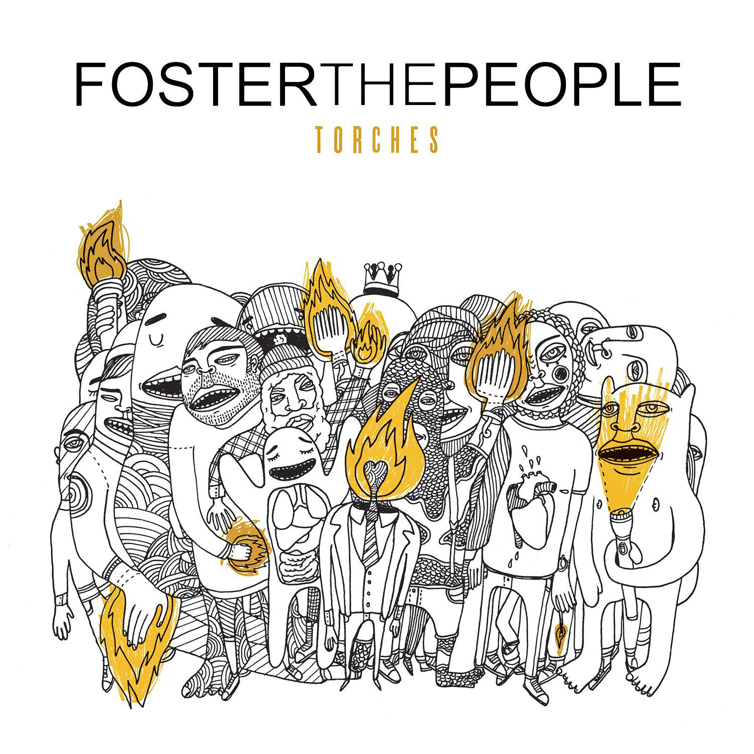 Albumcover mit illustrierten Figuren. Text: Foster the People, Torches.