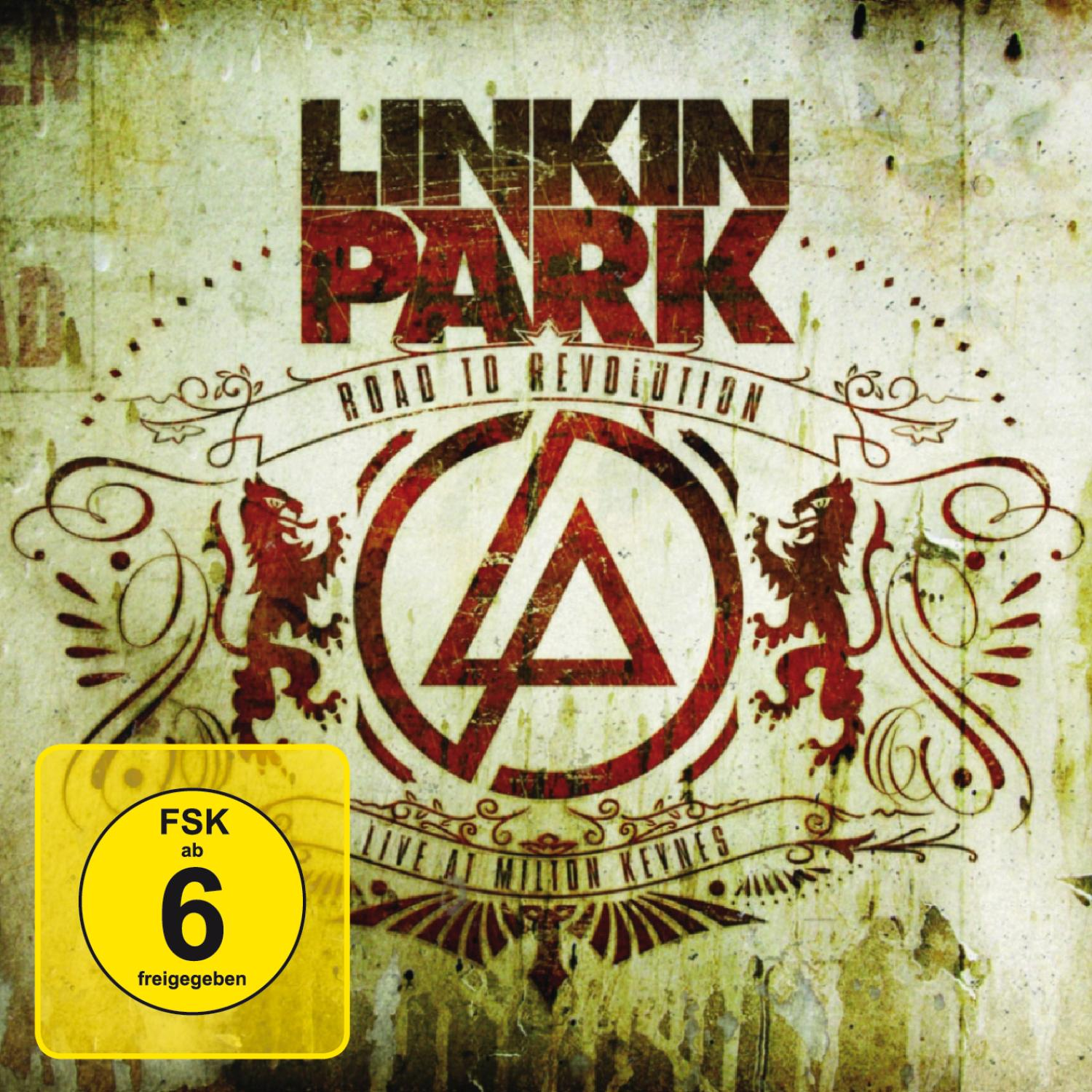 Albumcover: Linkin Park Logo, 'Road to Revolution', und Bewertungsschild, auf Grunge-Hintergrund.