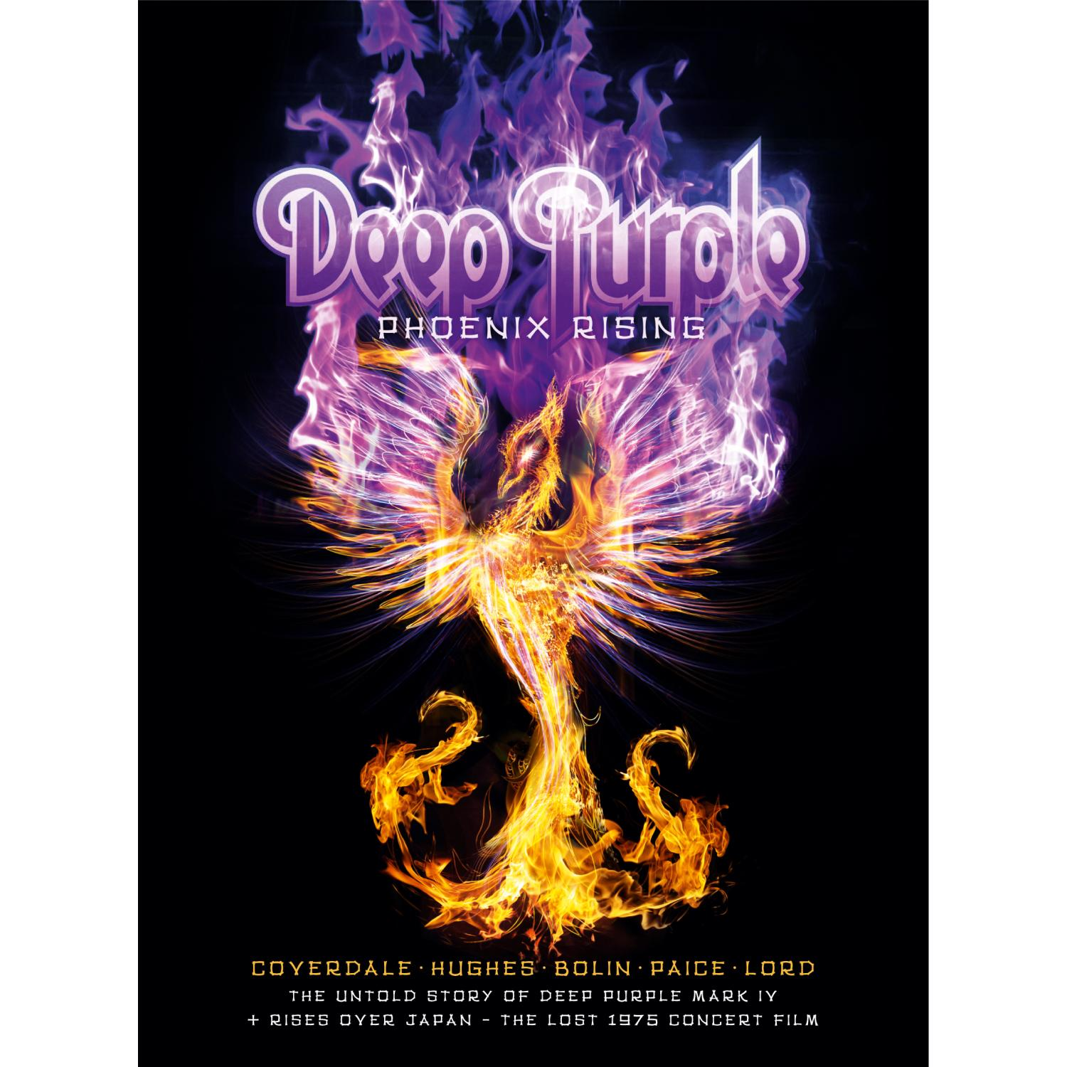 DVD-Cover: Deep Purple, Phönix-Grafik in Flammen, Text 'Phoenix Rising'.