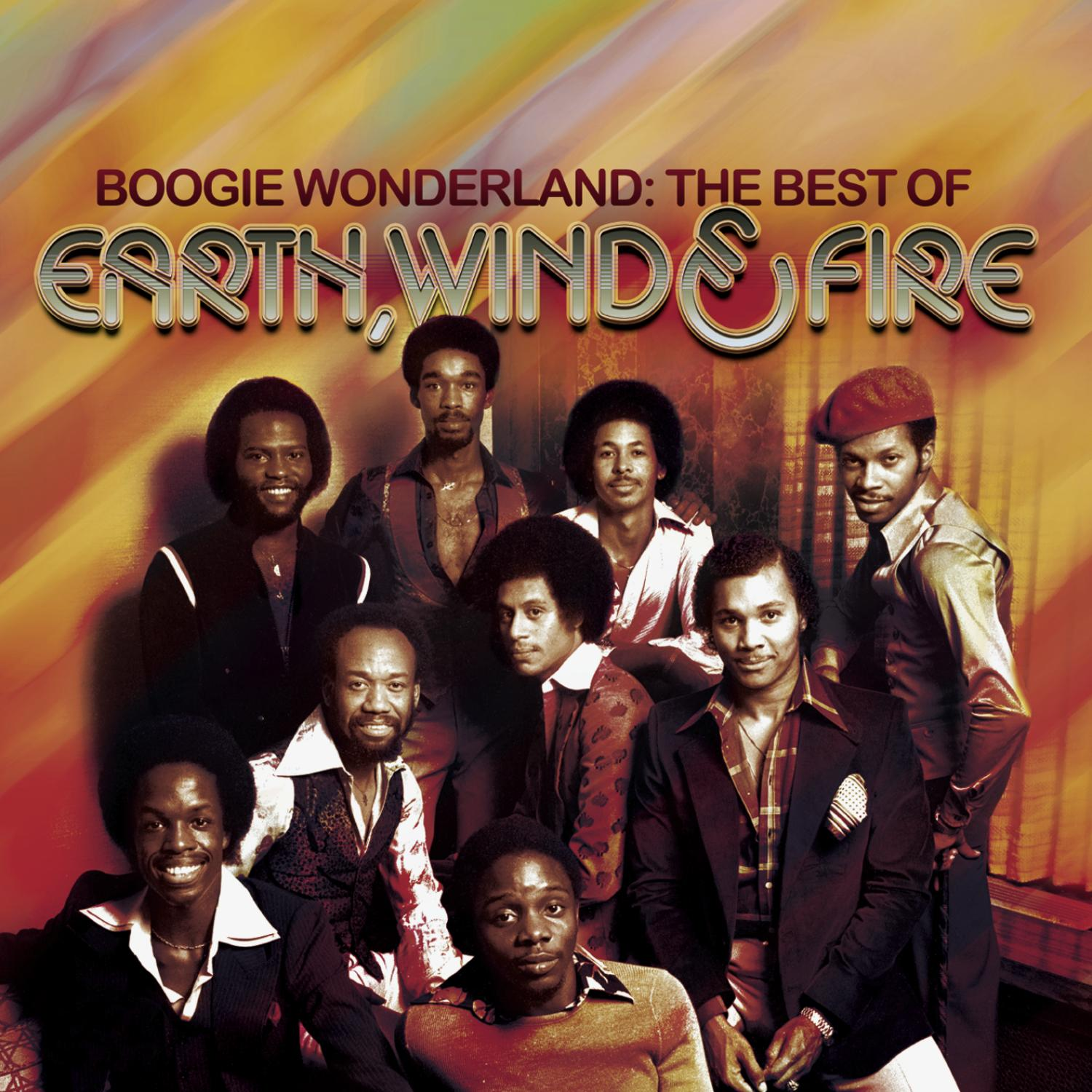 Boogie Wonderland Albumcover. Gruppe von Männern posierend, Titel oben.