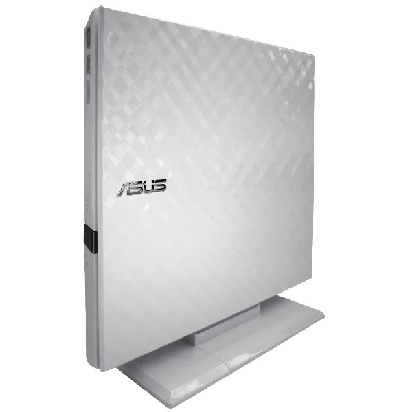 Unidad de DVD externa ASUS blanca. Es rectangular con un soporte. El logotipo de ASUS está en el lateral.