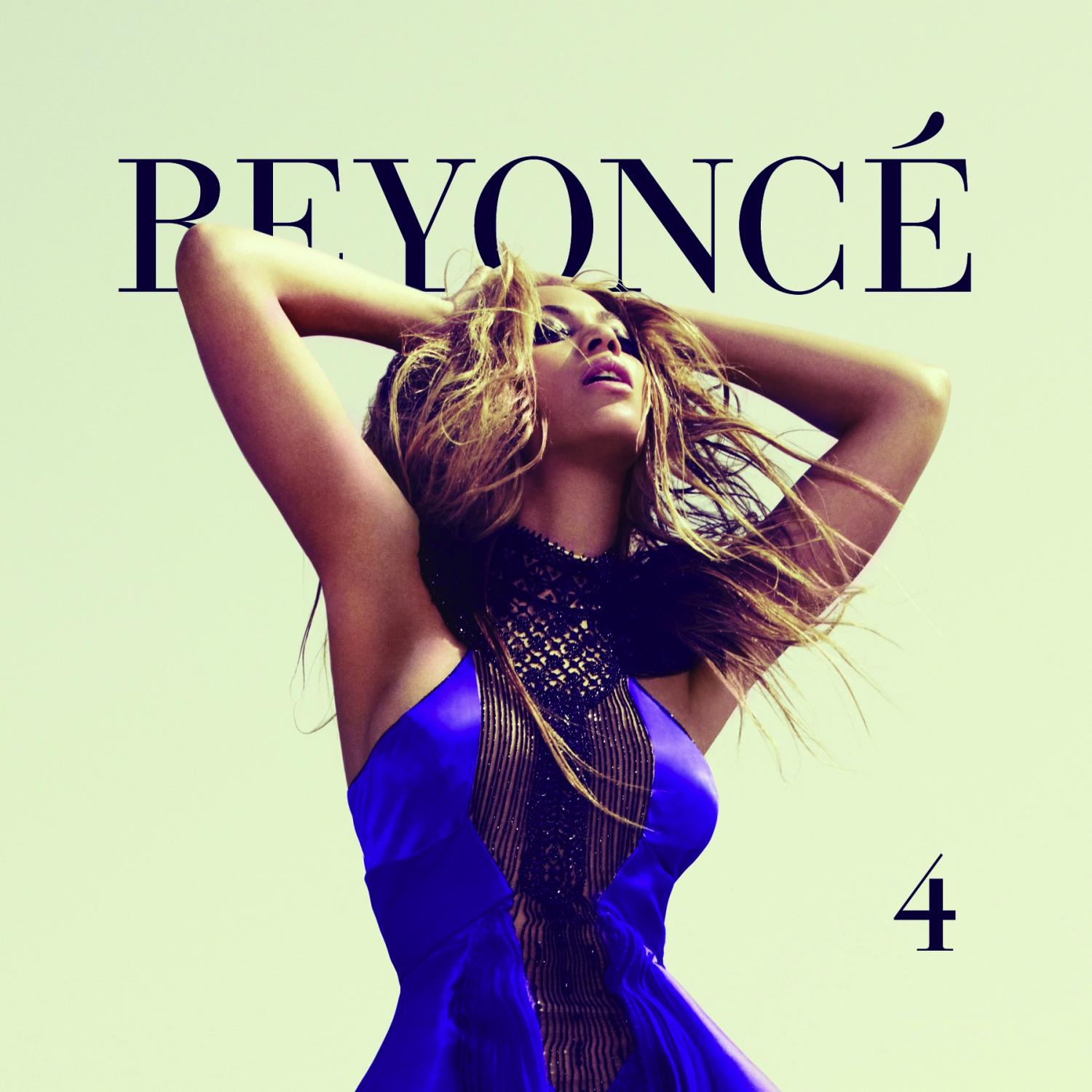 Beyoncé-Albumcover, Frau in blauem Kleid, heller Hintergrund.