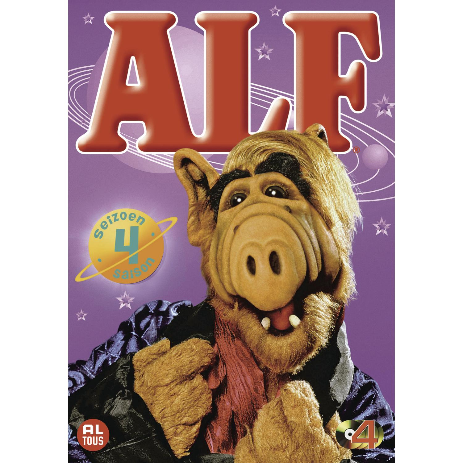 Couverture DVD d'Alf. Visage d'Alf avec étoiles et fond violet, Alf Saison 4.