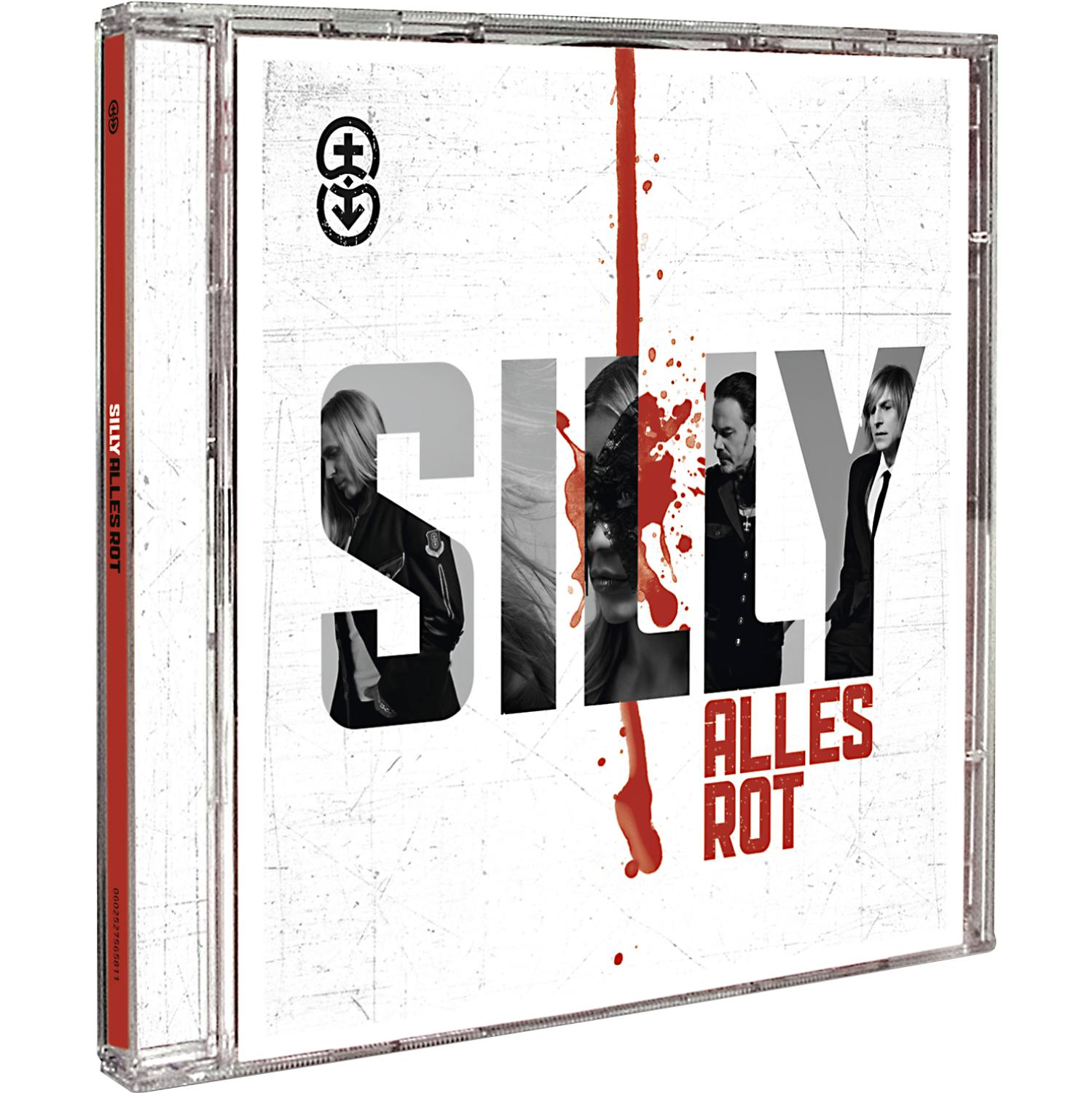 CD-Cover: Silly Alles Rot, mit Bandmitgliedern und roten Farbspritzern, in einer Klarsichthülle.