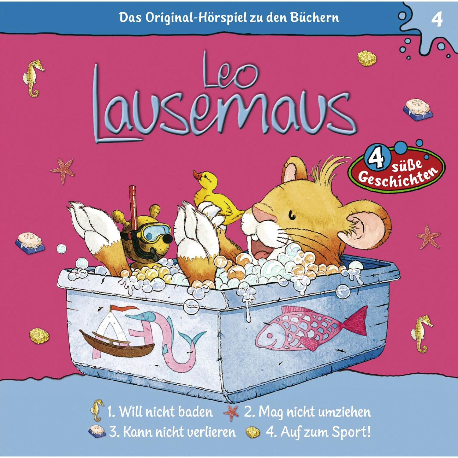 Leo der Löwe in einer Badewanne mit Blasen und Spielzeug. Titel: Leo Lausemaus. Rosa Hintergrund mit Dekorationen.
