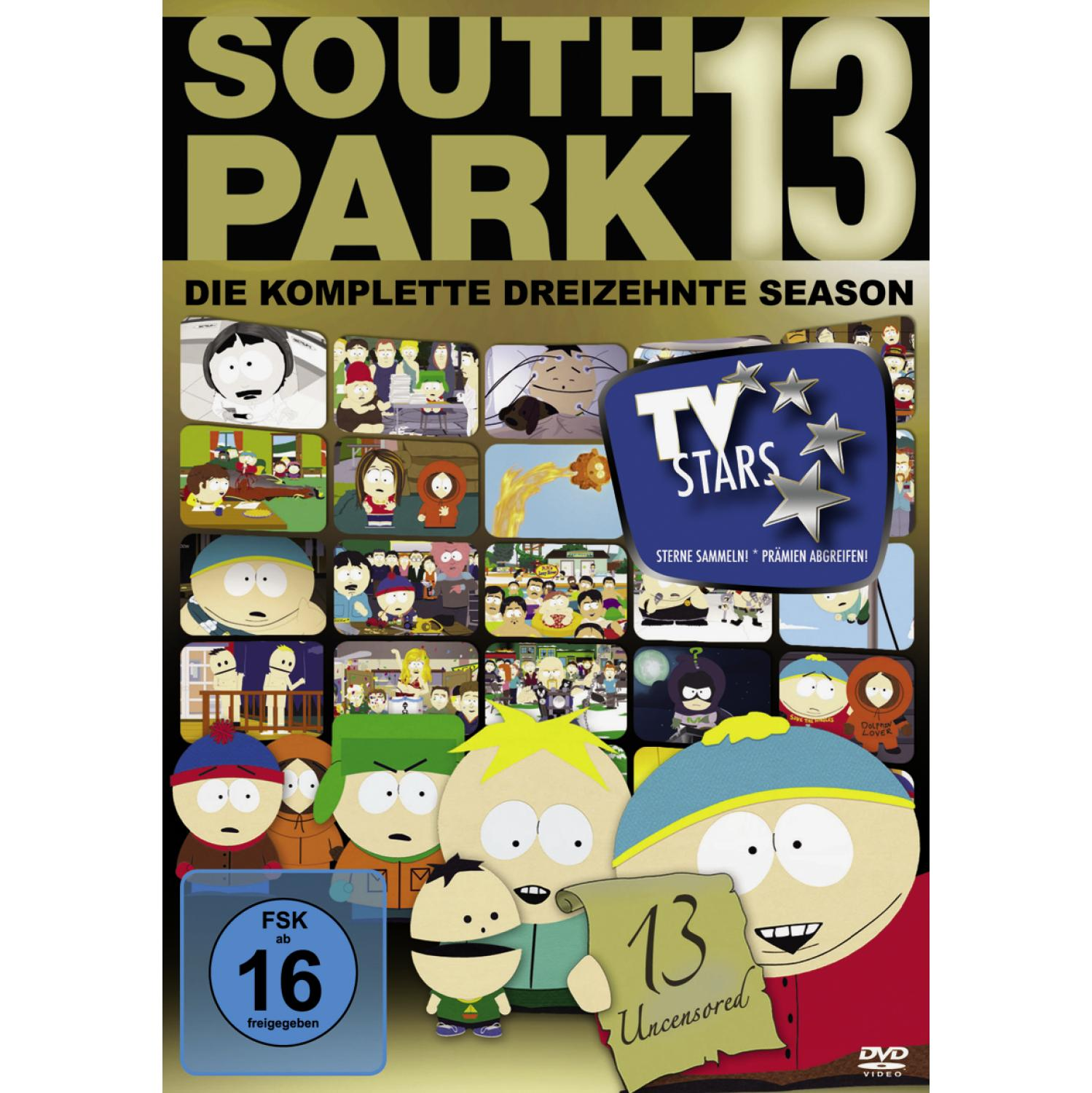 DVD-Cover für South Park Staffel 13. Enthält Charaktere der Show und die Staffelnumer.