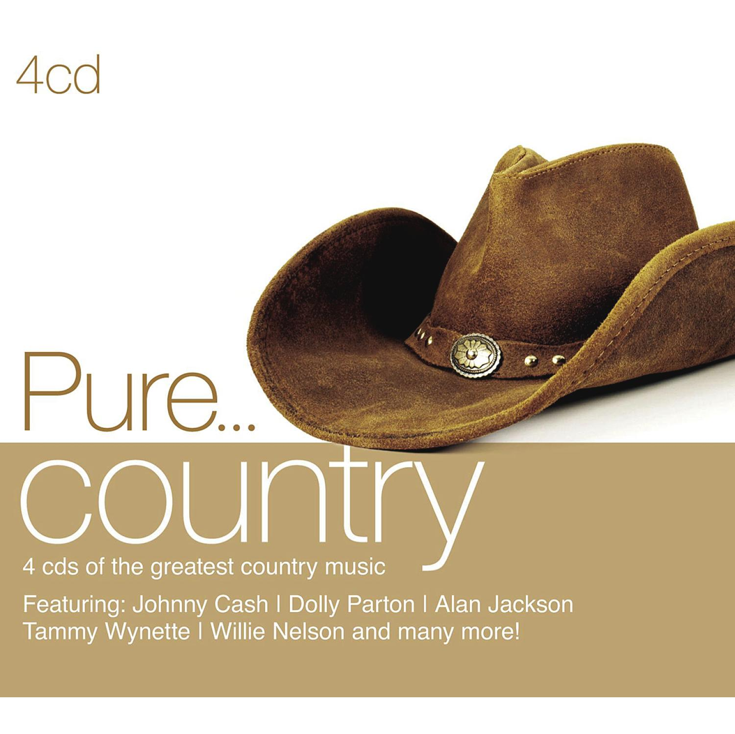 Albumcover für 'Pure Country'. Enthält einen braunen Cowboyhut und Text, darunter Johnny Cash und Dolly Parton.