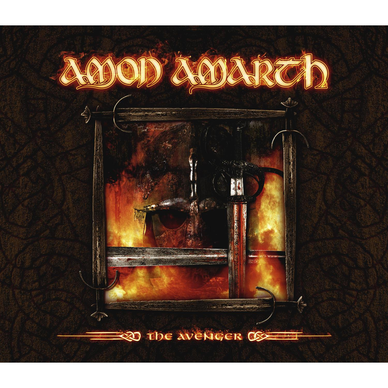 Albumcover: 'Amon Amarth The Avenger'. Flammender Text, Schwerter und ein feuriger Hintergrund in einem Rahmen.