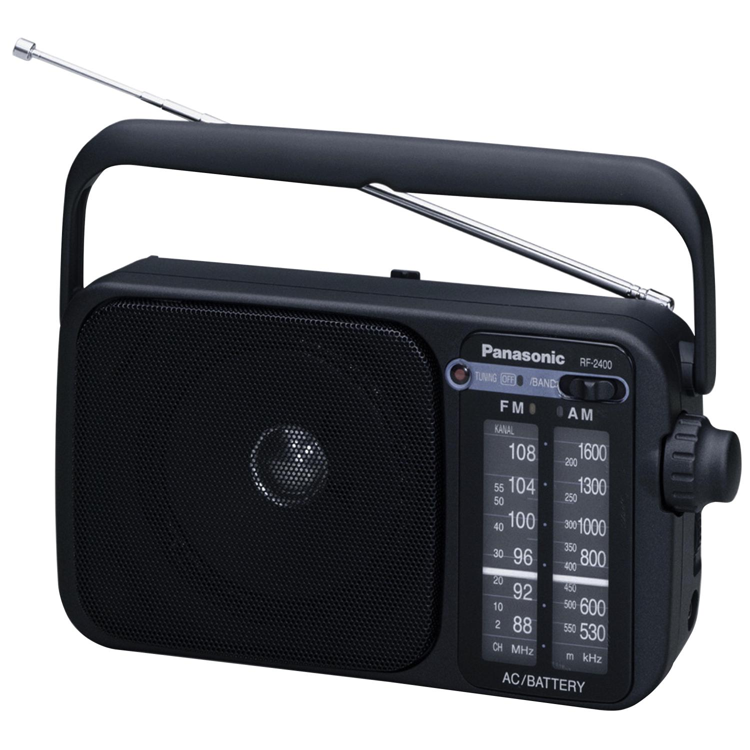 Schwarzes Panasonic-Radio mit Griff und Antenne. Knöpfe und Drehregler zum Einstellen.