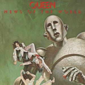 Queen 'News of the World' Albumcover. Zeigt einen großen Roboter, der fallende Menschen hält. Grüner Hintergrund.