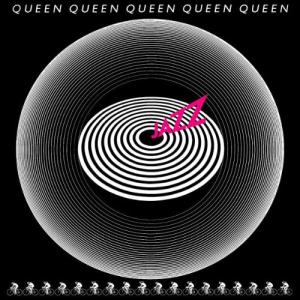 Albumcover mit konzentrischen Kreisen und 'Jazz' in Pink, schwarzer Hintergrund, 'Queen' wiederholt.