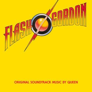 Flash Gordon Soundtrack-Cover. Gelber Hintergrund. Titel in Rot und Weiß. Blitz-Grafik.