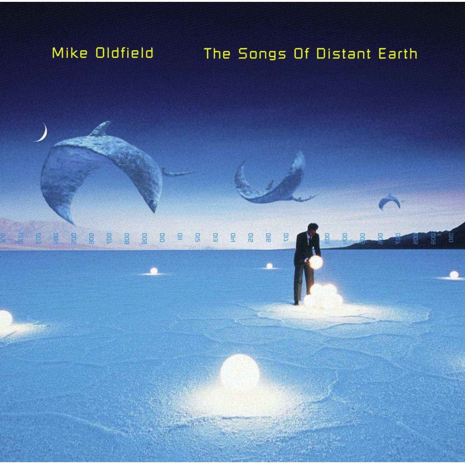 Albumcover, Mike Oldfield, The Songs of Distant Earth, mit einer Einzelperson und Himmelskörpern.