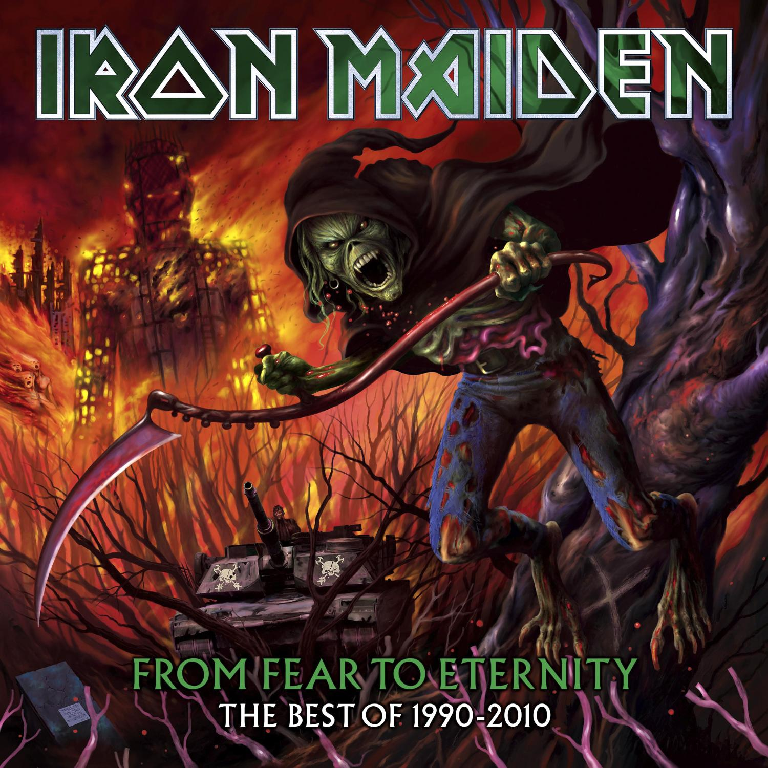 Albumcover: Iron Maiden, Eddie-Figur mit Sense und Panzer im feurigen Hintergrund.