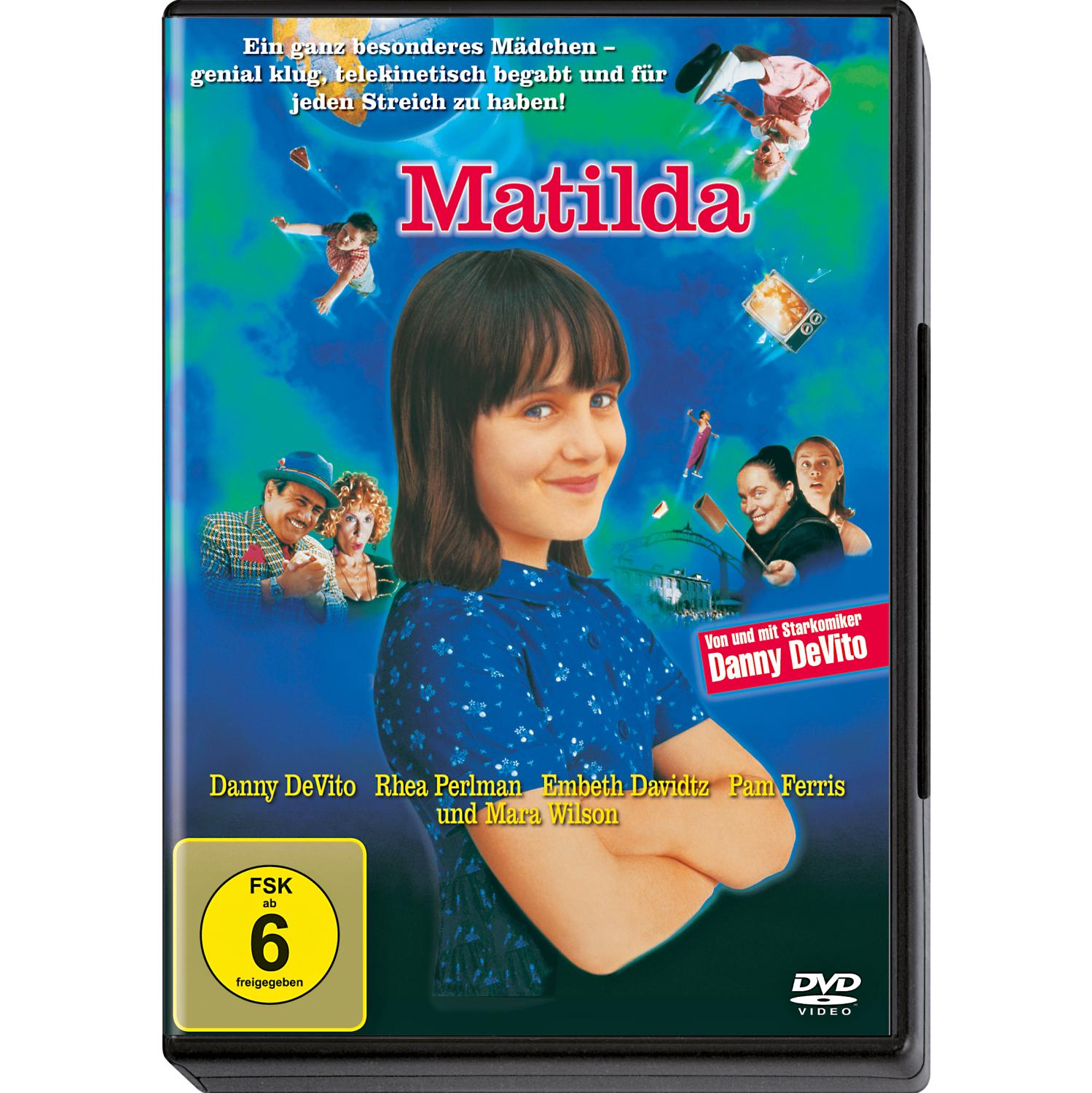 Filmplakat. Matilda mit blauem Kleid und mehreren kleinen Bildern um das Hauptbild.